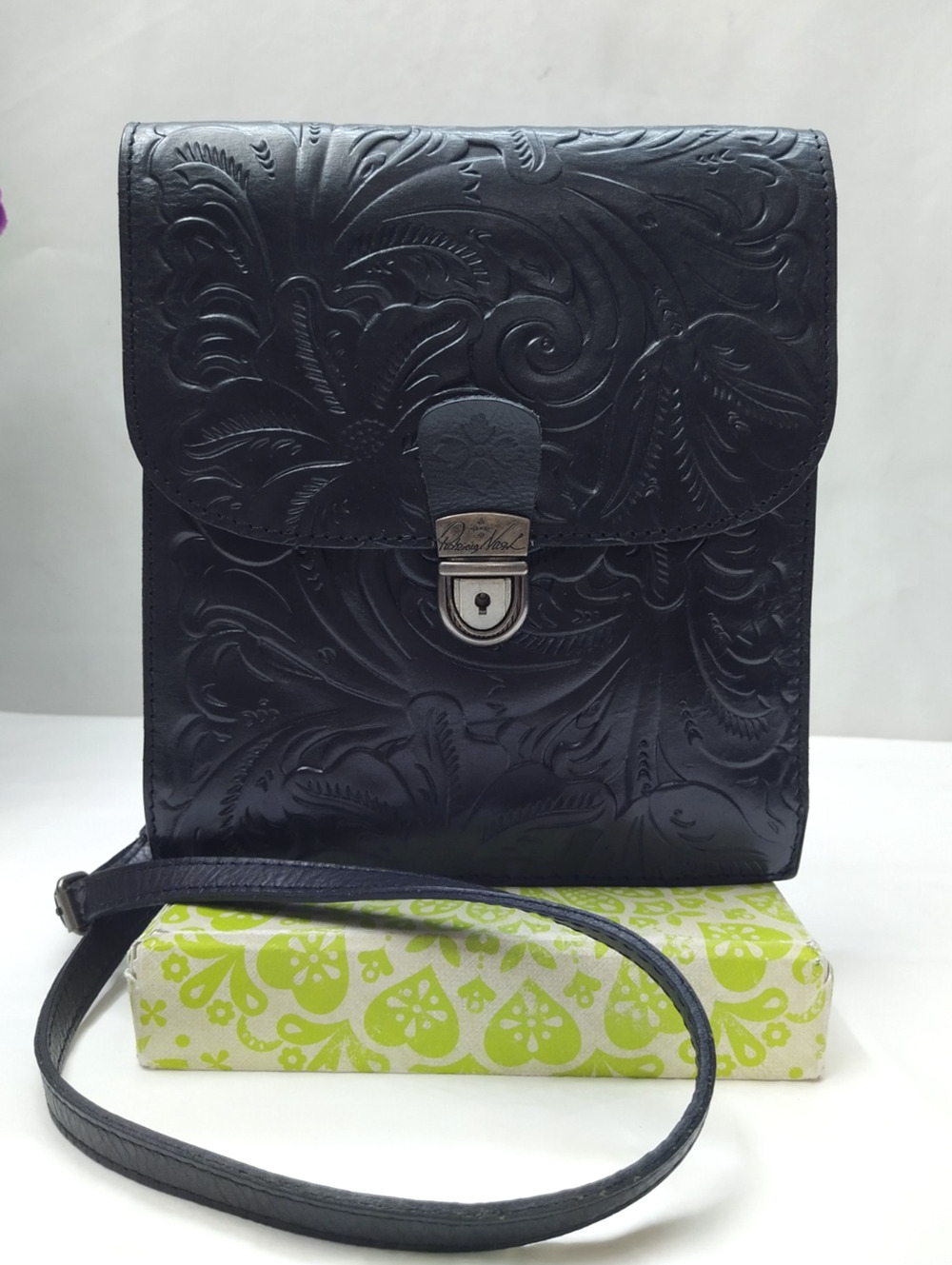 Patricia Nash Black Leather Tooled Floral Pushlock Credit Card Crossbody Bag
